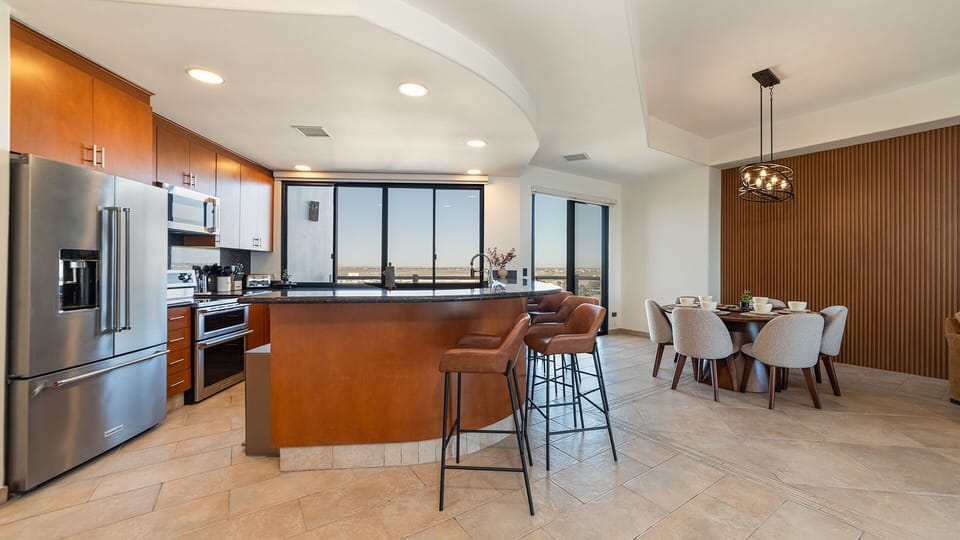 Main room kitchen and dining table.