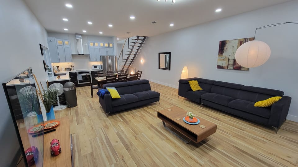 Living room, 75'' TV, Kitchen,  Staircase