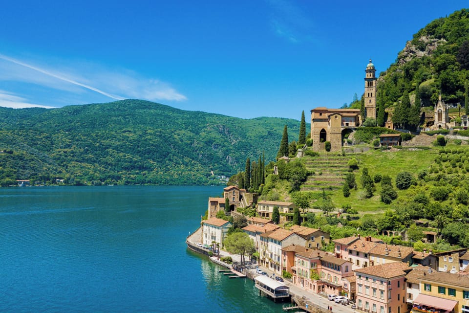 The church of Madonna del Sasso. Below the lake promenade of Morcote