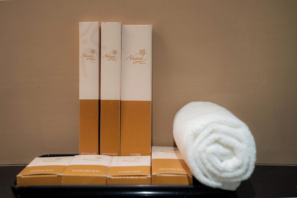 Hair dryer, towels, soap, shampoo