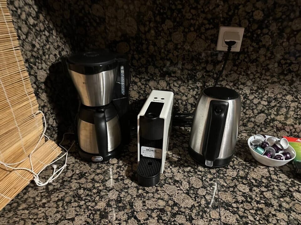 Coffee maker, Nespresso machine, boiler. There is also a toaster available.