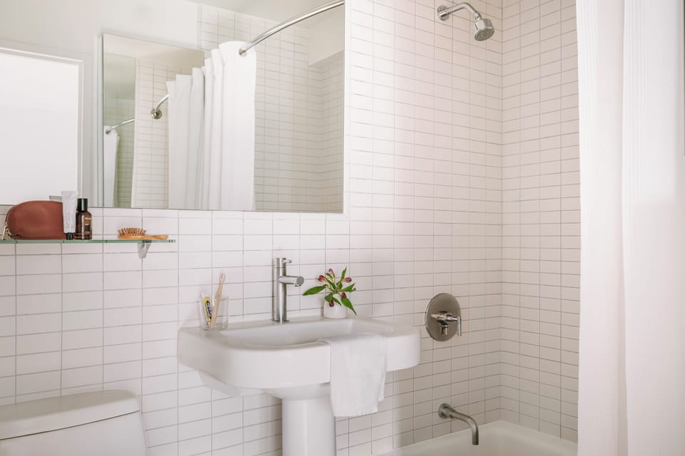 Combined shower/tub, hair dryer, towels, soap