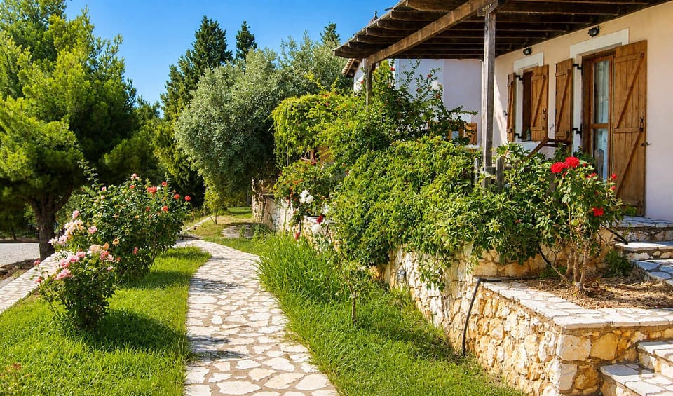 The garden paths wind through greenery and stonework, leading you gently between the house and outdoor spaces. Olive trees and flowering plants shape a calm setting, ideal for a walk before heading down to the beach.