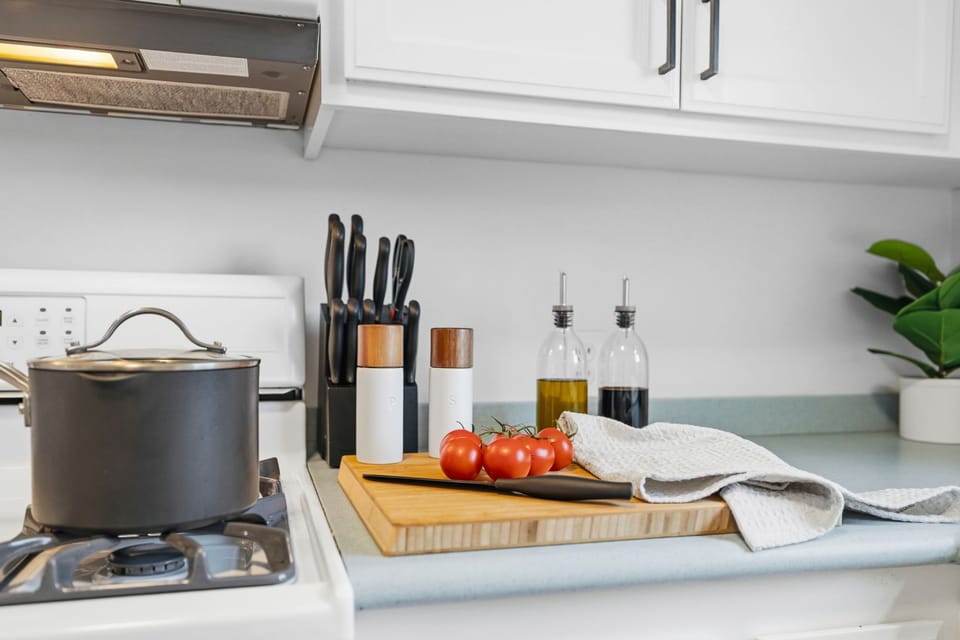 With premium stainless steel appliances and a complete set of cookware, this kitchen is designed for the modern guest.