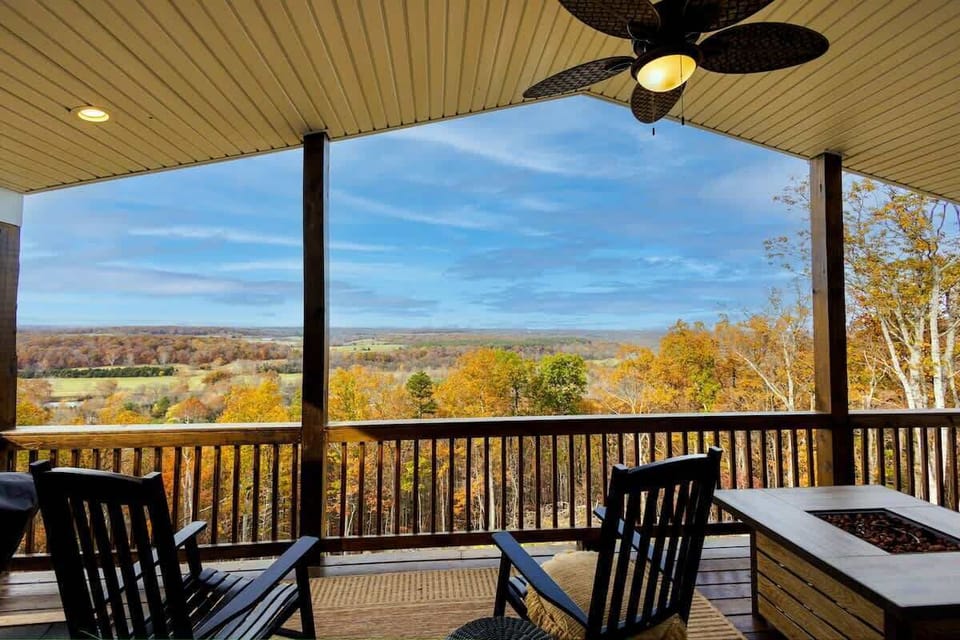 Autumn views from the covered porch with ceiling fans and fire pit