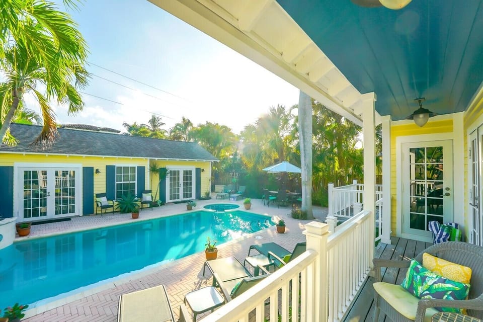 A view from the main house across the pool to the cabana. Optional pool heating is $50 per night for the entire stay.