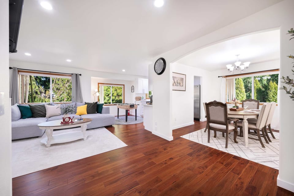 This bright, open main space flows seamlessly—from the living room to the dining area, it’s perfect for group stays.