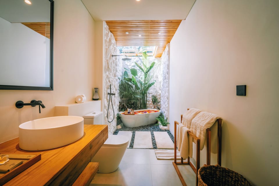 Luxury Villa, Non Smoking, Garden View | Bathroom | Separate tub and shower, eco-friendly toiletries, hair dryer, bathrobes