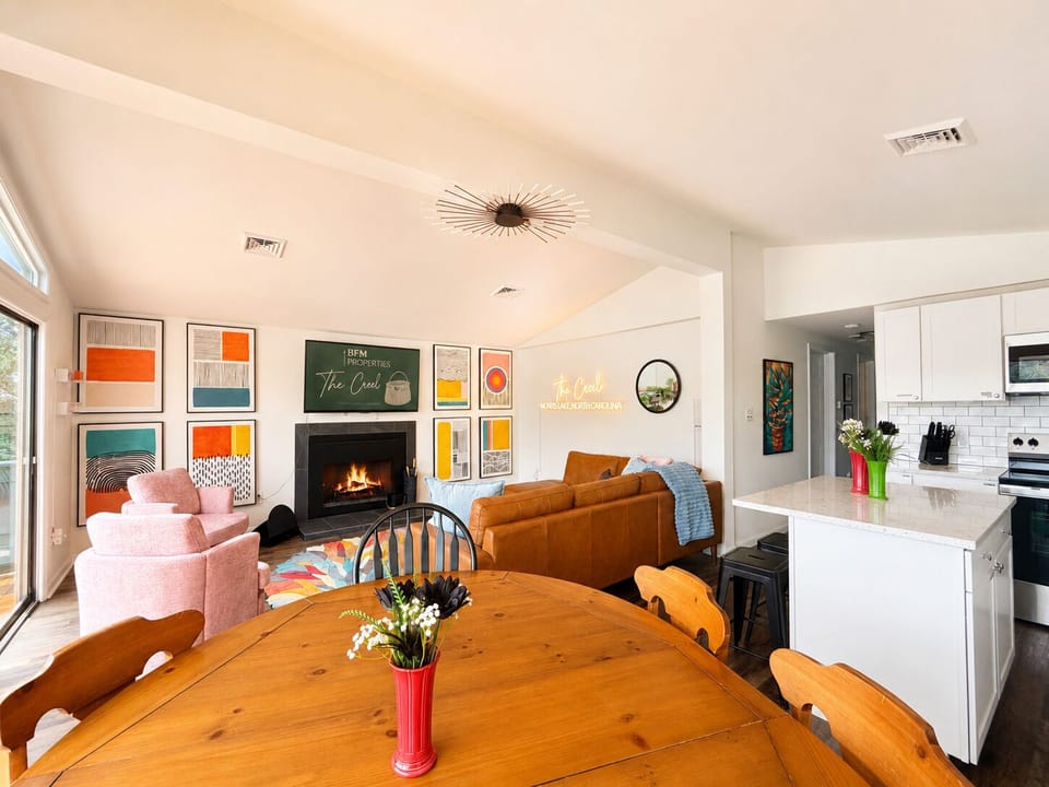 Cozy living room and dining room meant for conversation and connection.