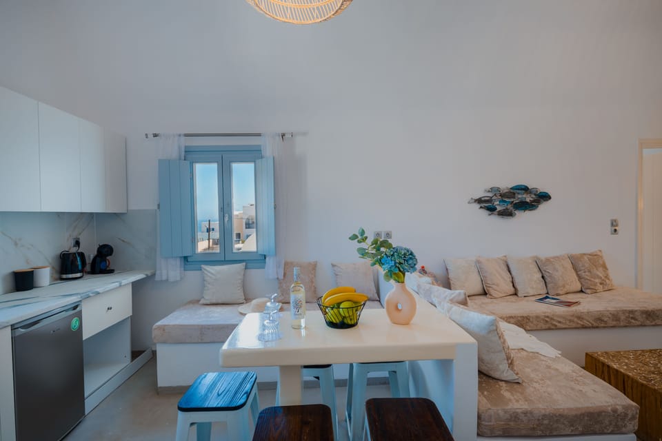 Luxury Cycladic Residence with Private Balcony, Upper Floor | Living area
