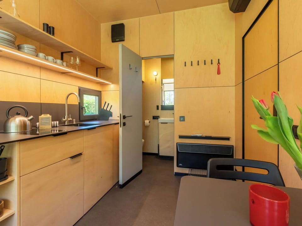 Interior Design, Flooring, Floor, Kitchen, Countertop, Wood Stain, Cabinetry, Plywood, Varnish