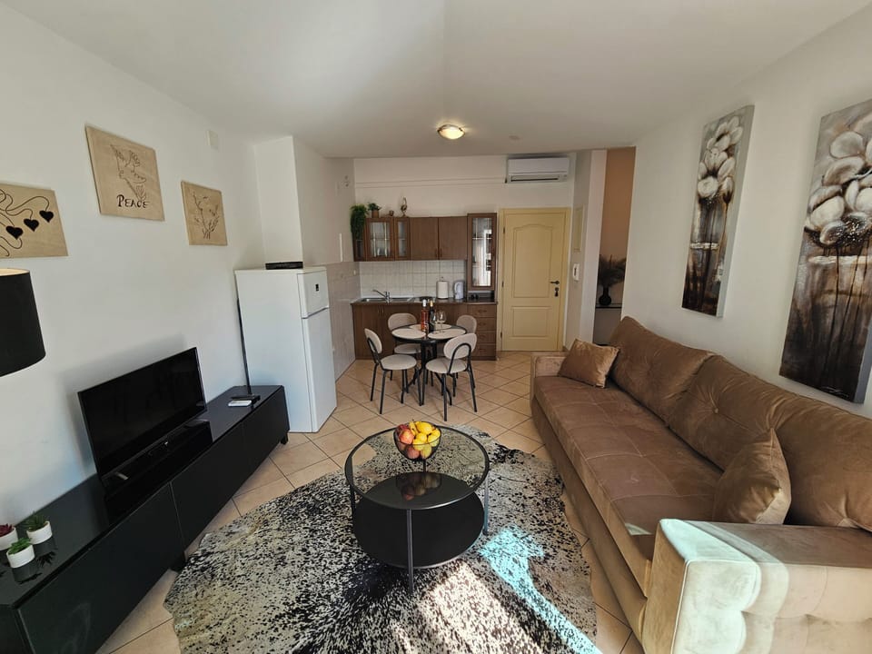 Basic Apartment, Sea View | Living area | 15-inch flat-screen TV with cable channels, fireplace, table tennis