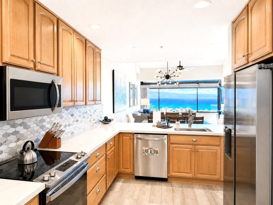 The kitchen's layout and storage make it easy to settle in, with everything you need within reach