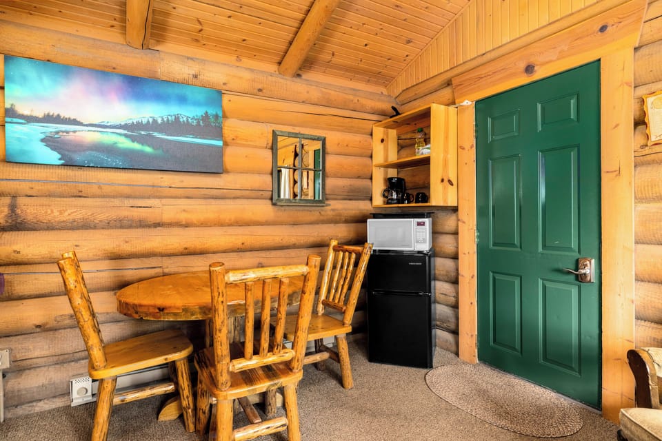 Small dining table, fridge & microwave