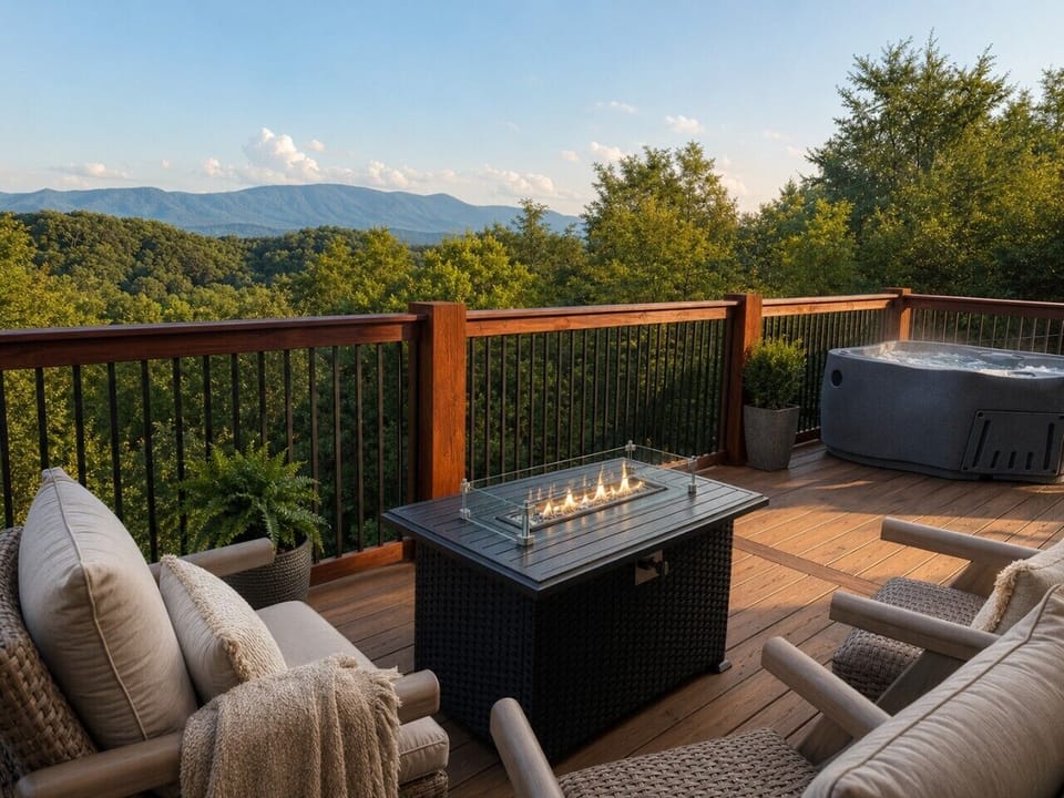 Back Porch Fire Pit and Hot Tub Mountain View