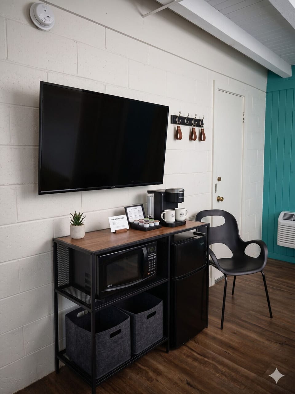 Smart TV, mini fridge, microwave and Keurig coffee station