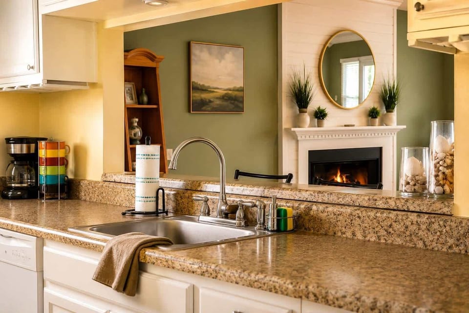 Bright and inviting kitchen with granite countertops, warm lighting, and clean modern finishes.