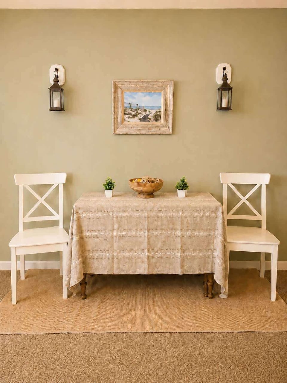 Cozy dining nook with simple modern décor, warm neutral tones, and an inviting atmosphere.