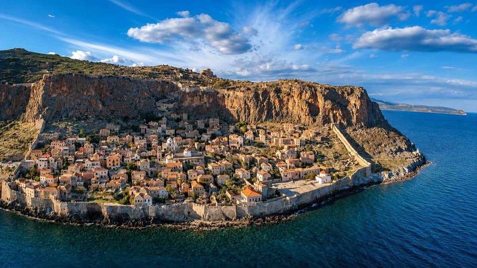 Around 35 km from the property, Monemvasia rises directly from the sea with stone houses, fortress walls, and centuries of history.