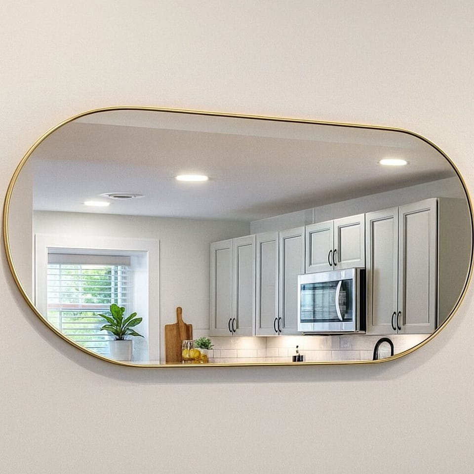 Large, stylish mirror enhances the space and adds a modern touch.