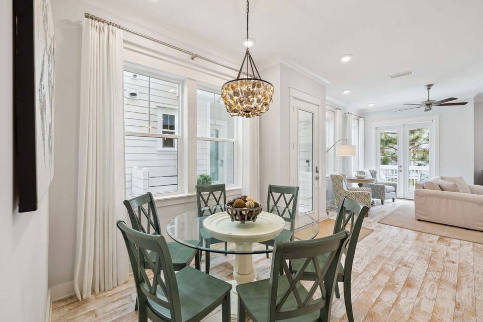 The dining table seats up to 6 people.