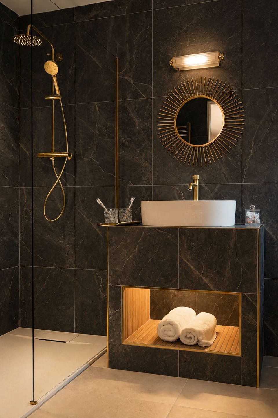 Shower, rainfall showerhead, free toiletries, hair dryer