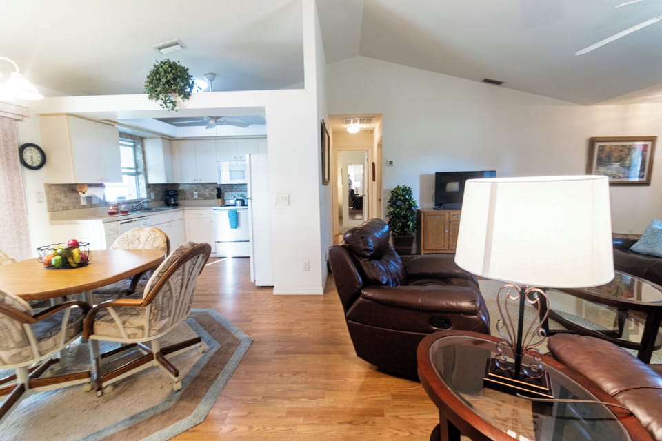 View from the kitchen into the living room. 