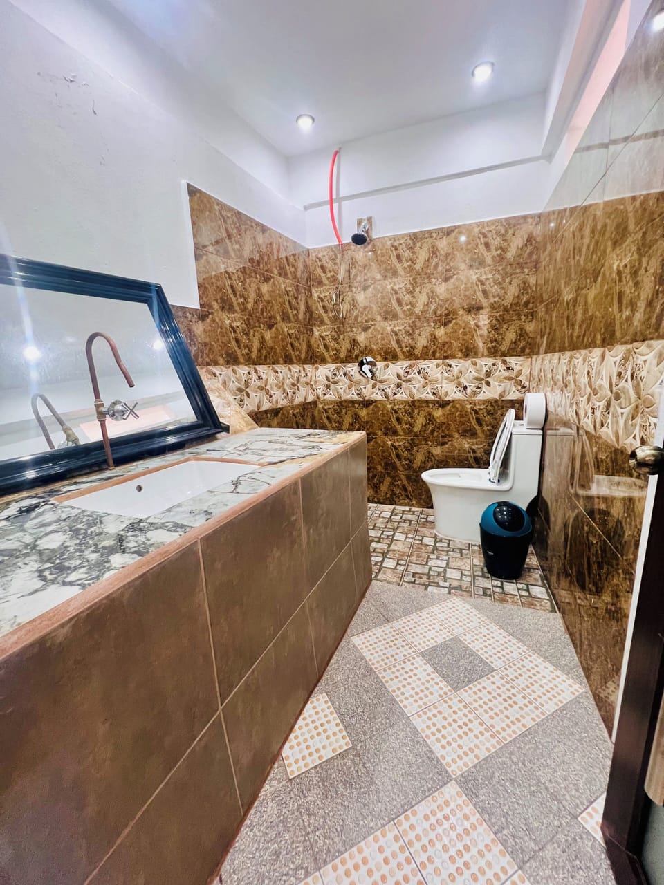 Shower, towels, soap, toilet paper