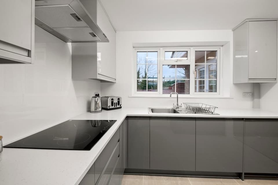 Modern stovetop and ventilation hood in bright functional kitchen layout
