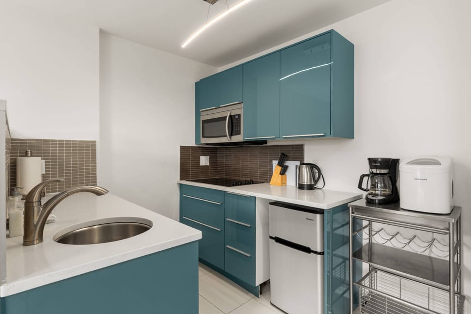 Kitchenette with microwave, stove, fridge and dishwasher