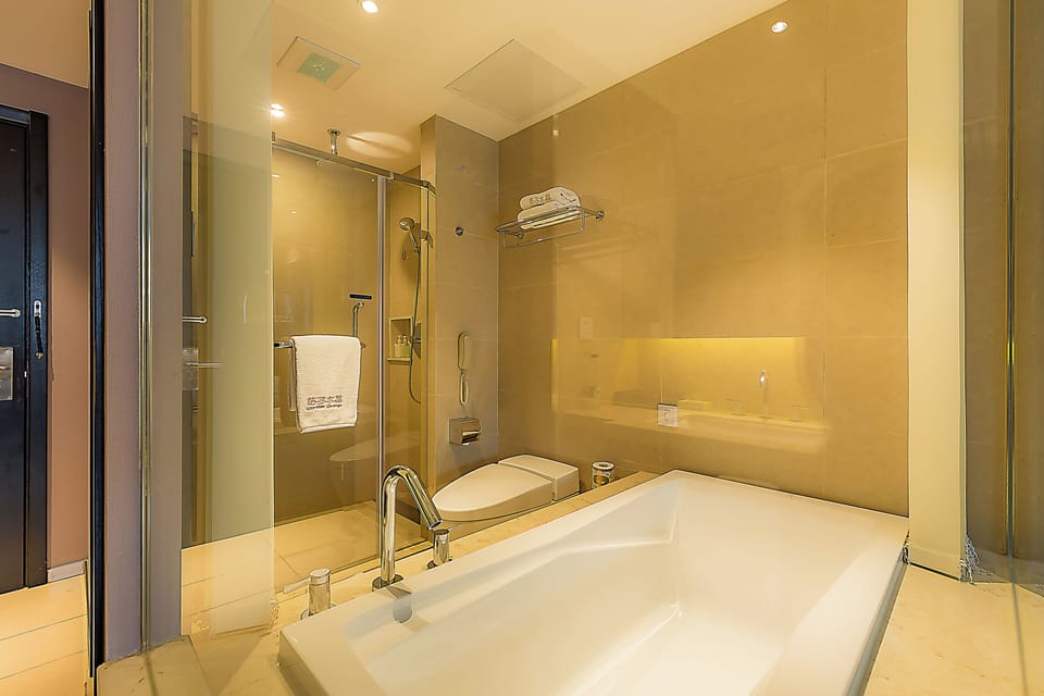 Standard Double Room, 1 King Bed, Housekeeping, City View | Bathroom | Shower, hair dryer, slippers, towels