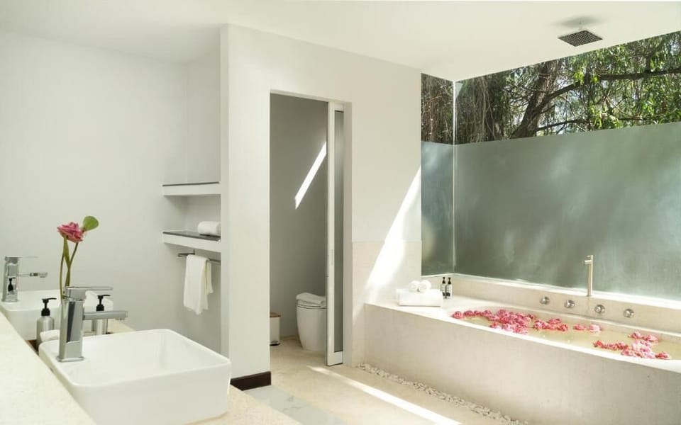 Separate tub and shower, hair dryer, bathrobes, slippers