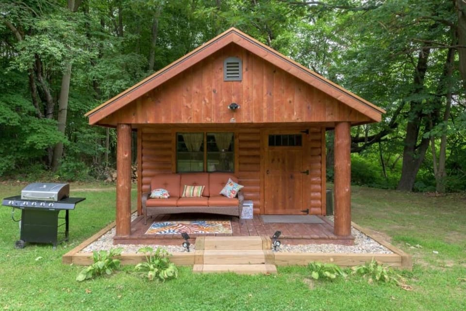 CABIN #2:  Cute little woodsy log cabin with 2 queen-size beds.  Mini-split unit included for heat and A/C.