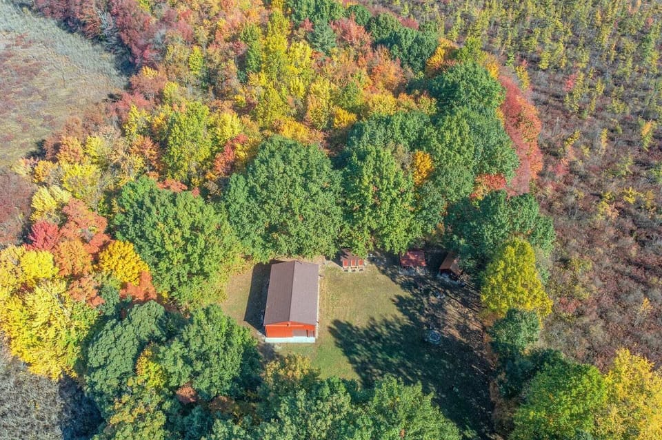 EXTERIOR:  Aerial view of the property.  The cabins and bathrooms are on the edge of the tree line.