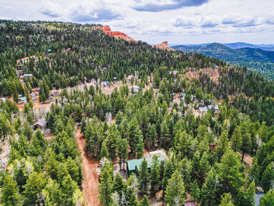 Aerial view of the property nestled among towering pines in a scenic mountain community, showcasing the surrounding forested landscape and distant red rock formations.