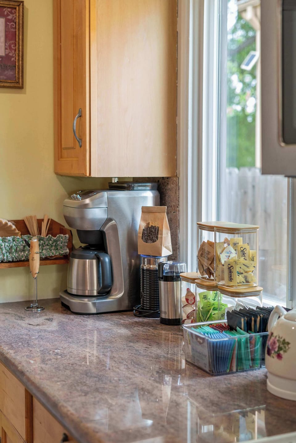 Kitchen Coffee and Tea Station with Drip Coffee Maker and Espresso Grinder