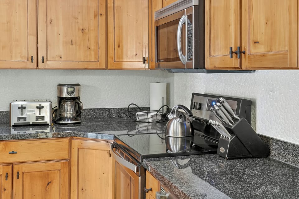 New appliances and kitchen amenities fully stocked for cooking during your stay.