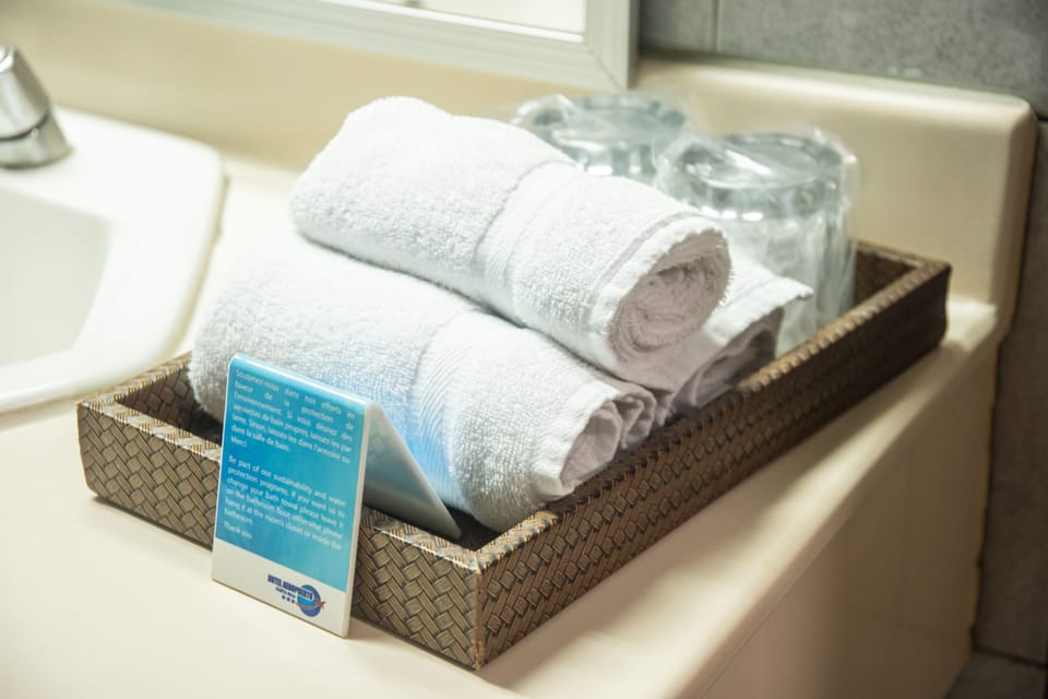 Shower, eco-friendly toiletries, hair dryer, towels