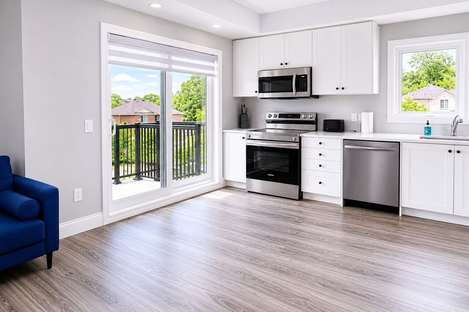 Kitchen area showing  balcony