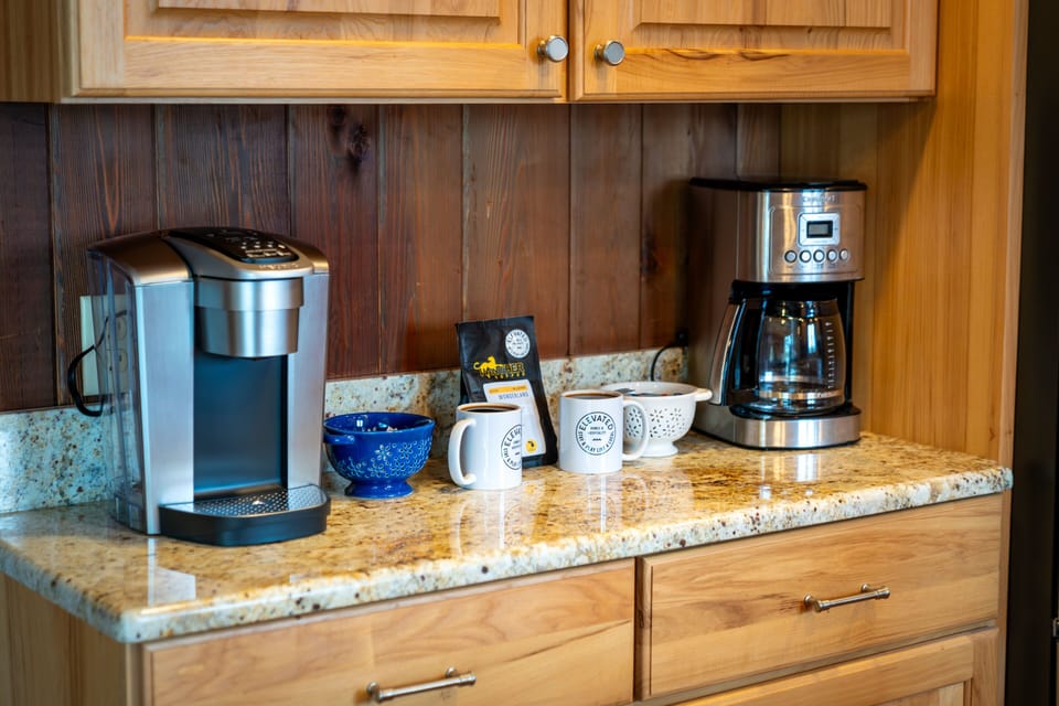 Perfect for slow lake mornings, this coffee station is ready with everything needed for a fresh cup.