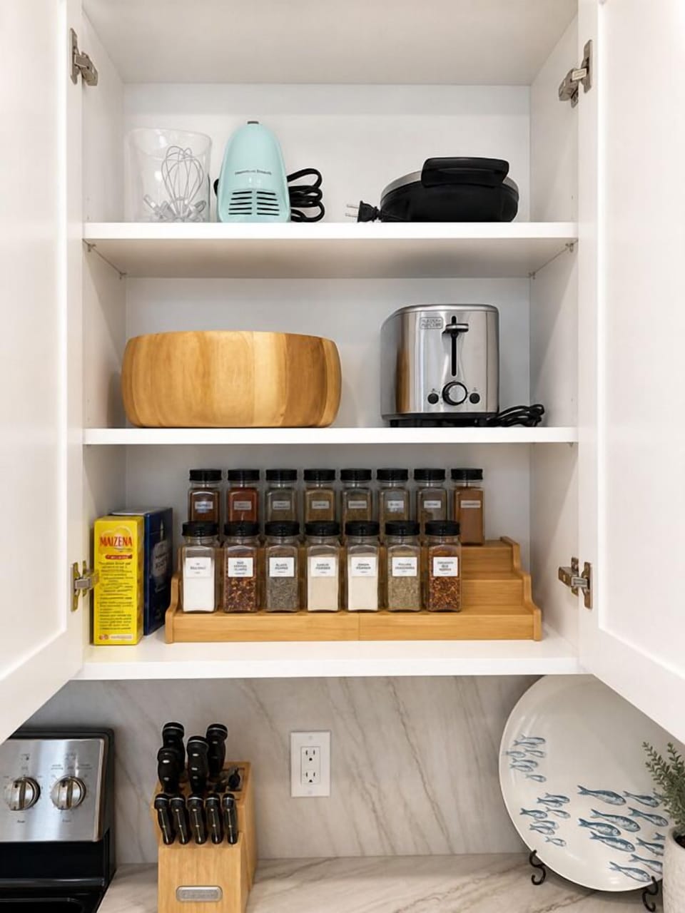Fully stocked kitchen cabinet with small appliances, spices, and cooking essentials—everything you need to prepare meals with ease