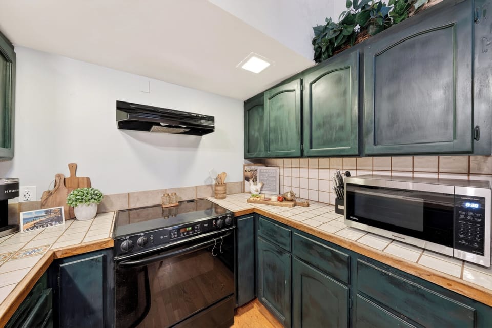 Fully equipped kitchen with stainless steel appliances and ample counter space.