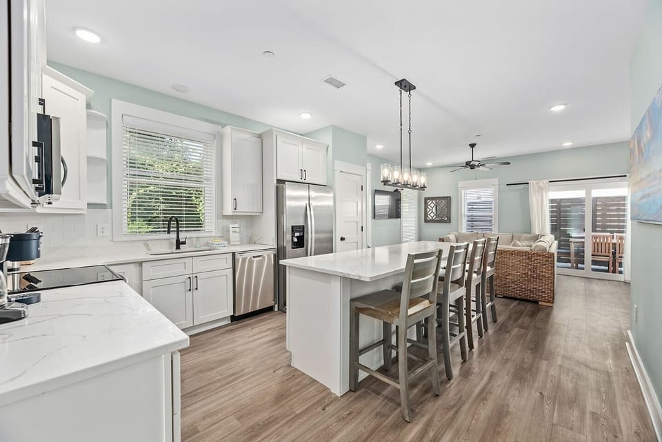 Open-concept kitchen with large island seating