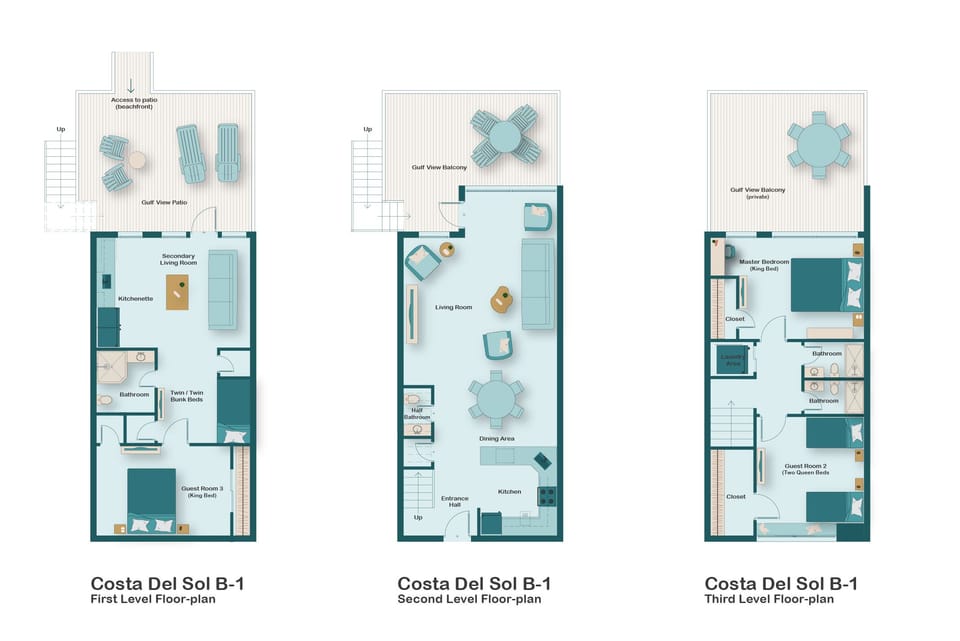 Floorplan for Costa Del Sol B-1 - Two Living Rooms, Three Beachfront Patios, Private Beach Access, and Seven Total Beds!