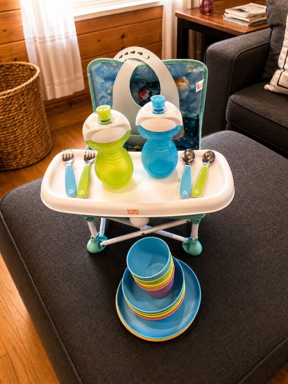 Toddler-friendly feeding supplies including sippy cups, snack containers, and colorful utensils — no need to pack everything for your little ones