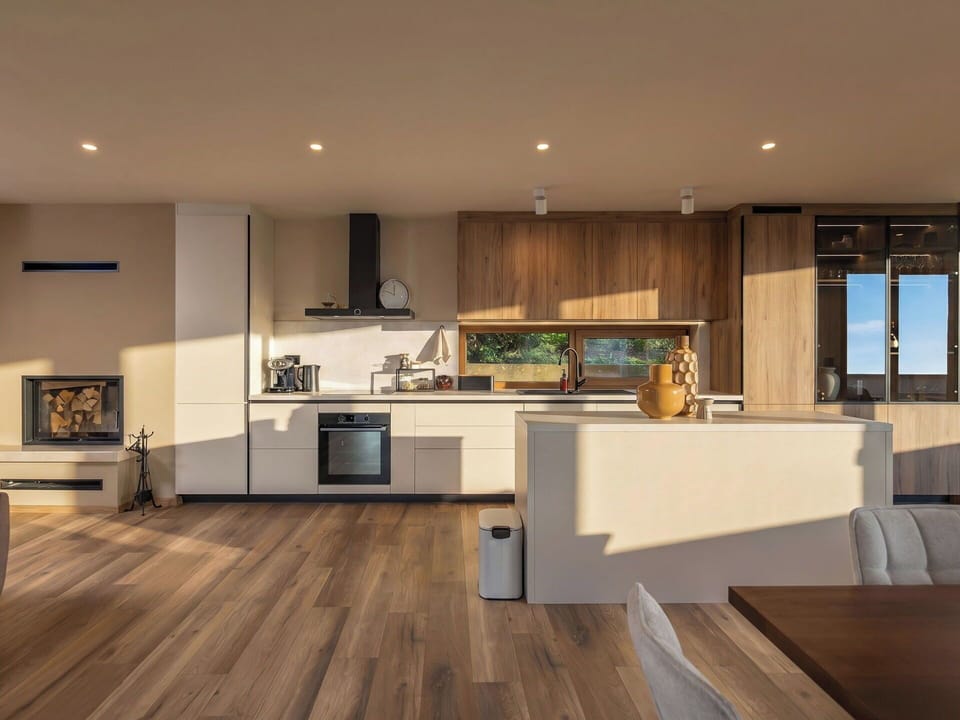 Flooring, Interior Design, Wood Flooring, Wood, Furniture, Floor, Kitchen, Countertop, Laminate Flooring, Ceiling