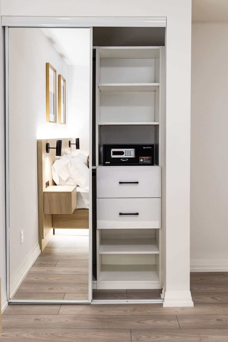 Spacious closet with built-in shelving and ample storage