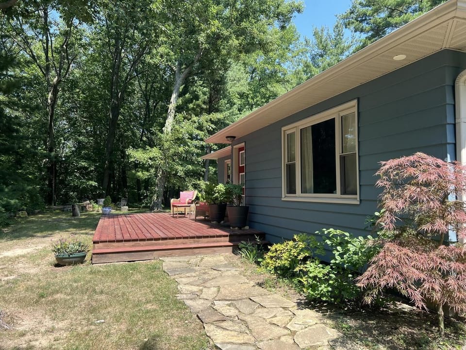 Flagstone path leads back yard, surrounded by lush green trees and shrubs.