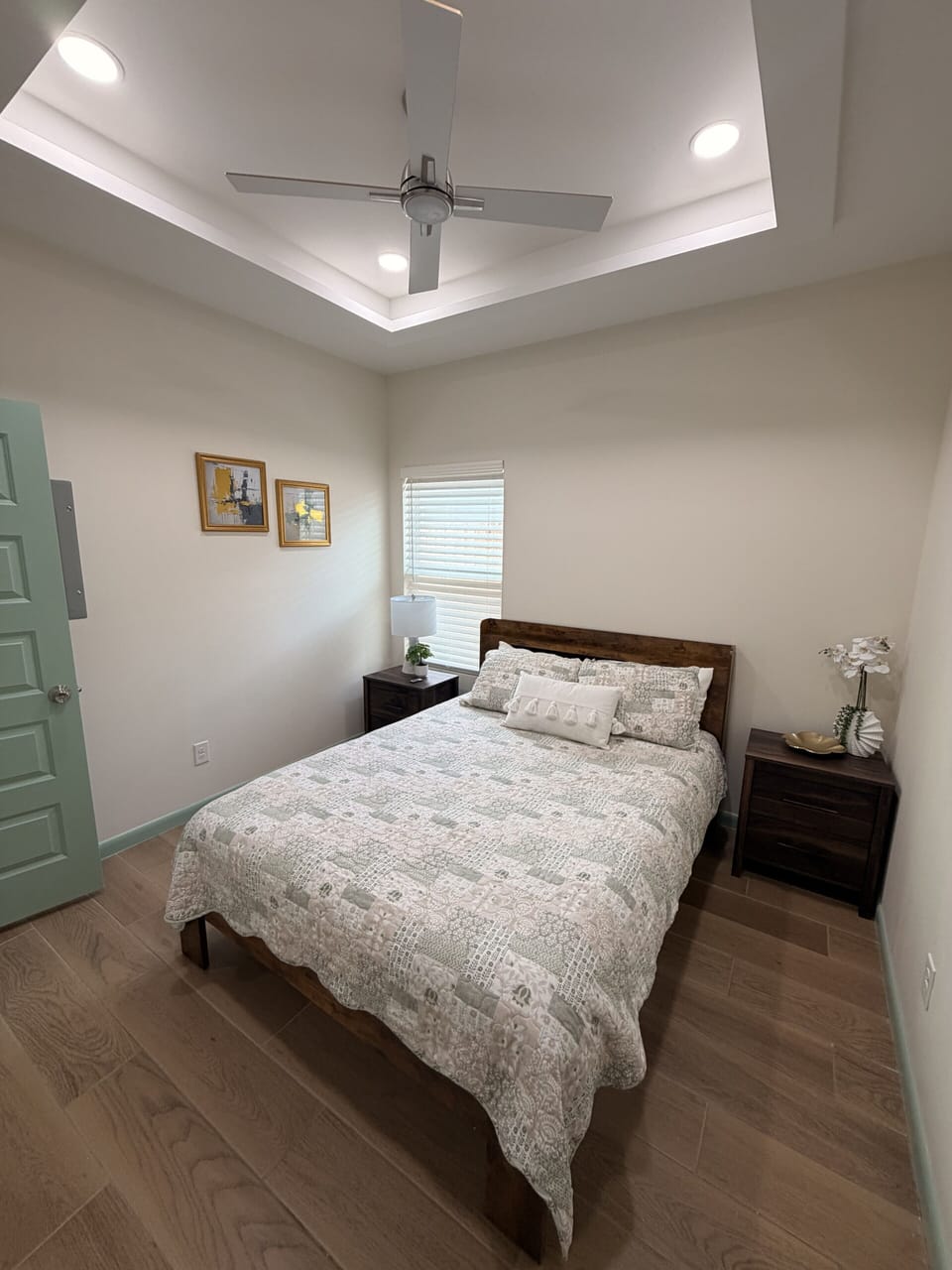 Cozy queen bedroom with tray ceiling, fan, and bright natural light