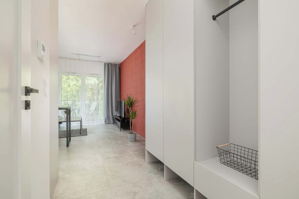 Bright entrance area with modern storage space and clean minimalist design.